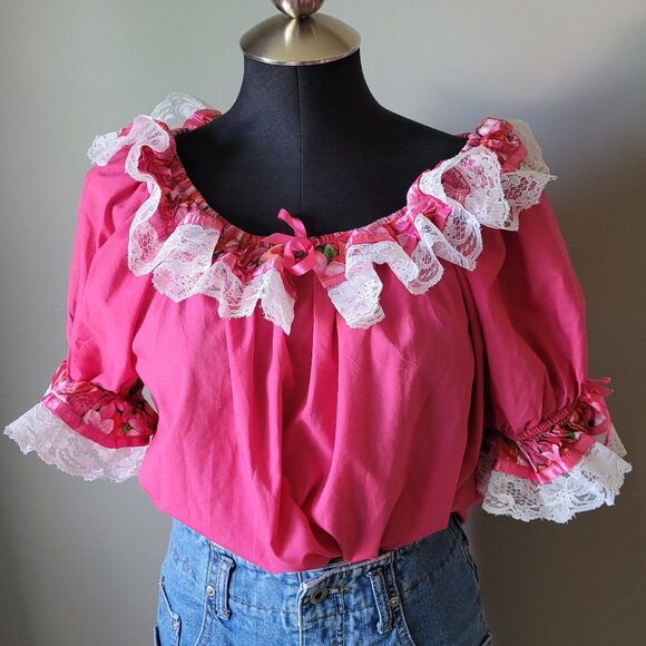Vintage ruffled pink blouse lace and ribbon trim, Square Dancing Top - Picture 1 of 13